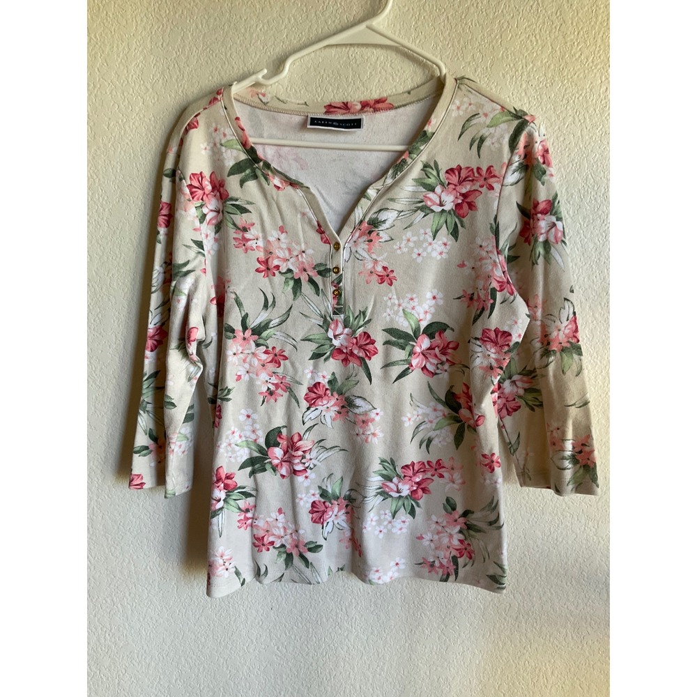 Karen Scott Floral Henley Top Beige Pink 3/4 Sleeve Cotton Blend Size Large
